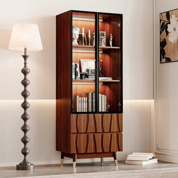 63''H Display China Cabinet 3-Tier Liquor Curio Cabinet, Mid Century Modern Wooden Bookcase Kitchen Hutch Case with Glass Door and Relief Panel Drawers for Dining Room Living Room