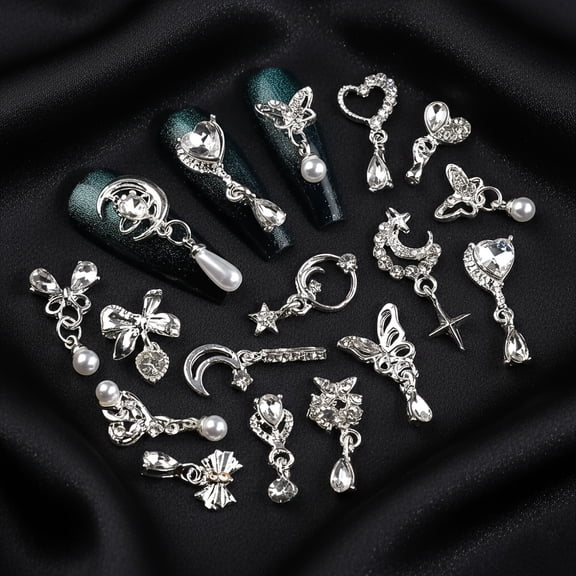15pcs Y2K Nail Charms | Silvery Alloy Heart Bow Star Moon Fringe Pearl Rhinestone, 3D Shiny Butterfly Metal Additions for Nail Art