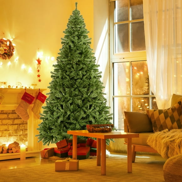 Gymax 9 ft Unlit Artificial Christmas Tree Hinged Spruce Xmas Tree w/ Metal Stand
