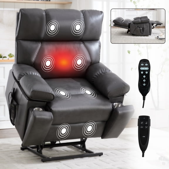 Grey Heat Massage Dual Motor Infinite Position Up to 350 LBS Large Electric Power Lift Recliners with Hidden Cup Holders, Power-Remote, Medium-firm and Heavy Duty