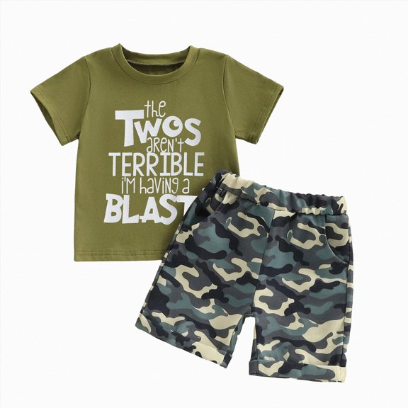 Xudanell Toddler Baby Boy 2nd Birthday Outfit Letter Print Short Sleeve T-shirt Elastic Camouflage Shorts Summer Clothes (Army Green, 12-18 Months)