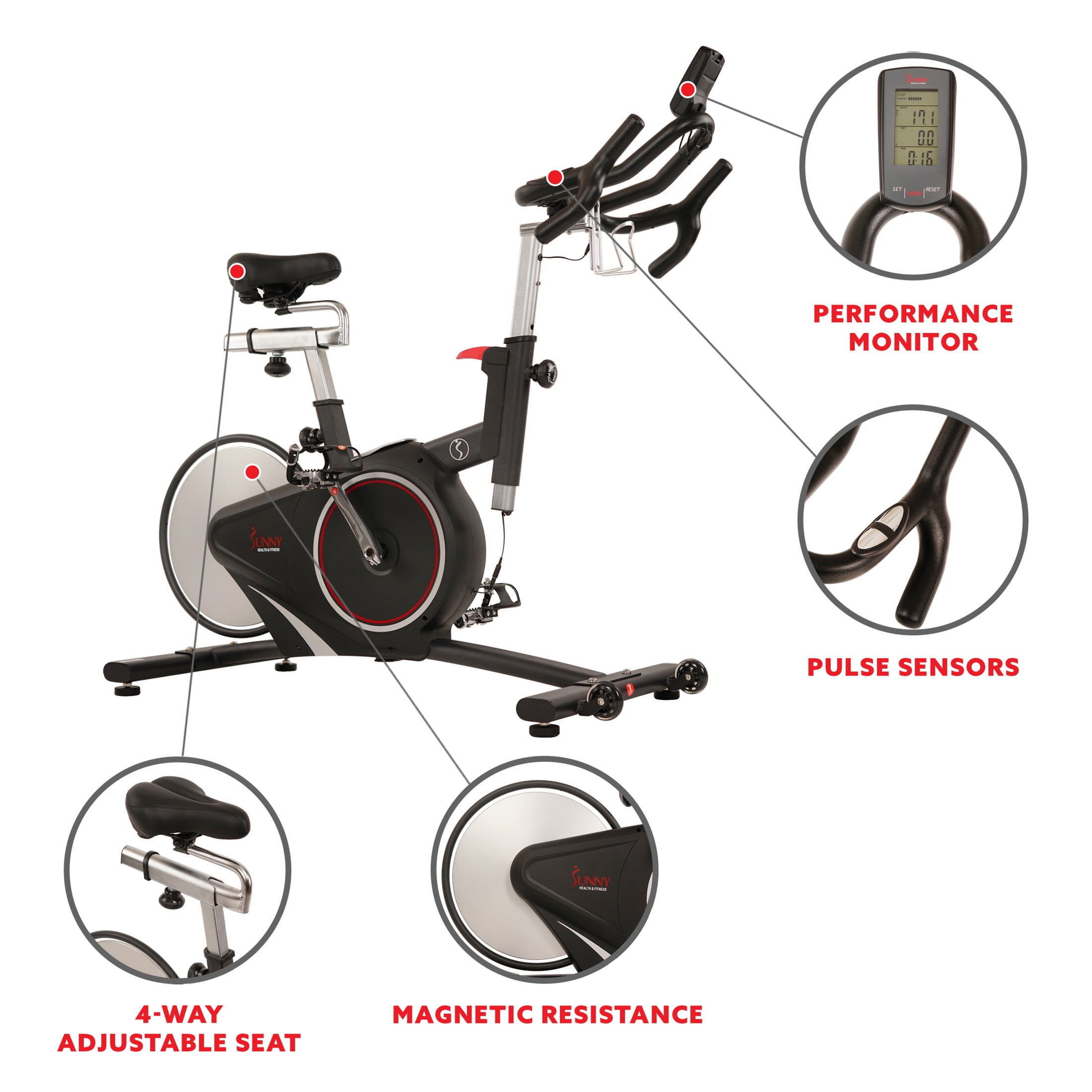 Sunny Health & Fitness Magnetic Belt Rear Drive Indoor Cycling Bike, High Weight Capacity with Cadence Sensor and Pulse Rate Monitor - SF-B1709