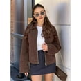 thumbnail image 5 of Female Faux Suede -Jacket Zipper Pilot Coat Casual Lapel Oversized Long Sleeves Y2K Outerwear Coats Brown L, 5 of 9