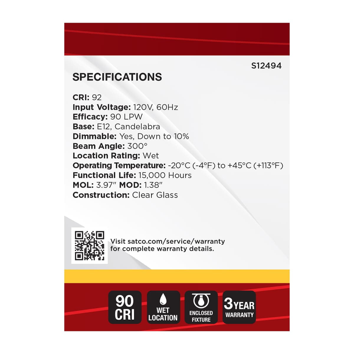 Satco S12494 LED Filament B11 Candle Light Bulbs 5.5W 120V 3000K E12 Candelabra Base Dimmable WET Location (10 Pack)