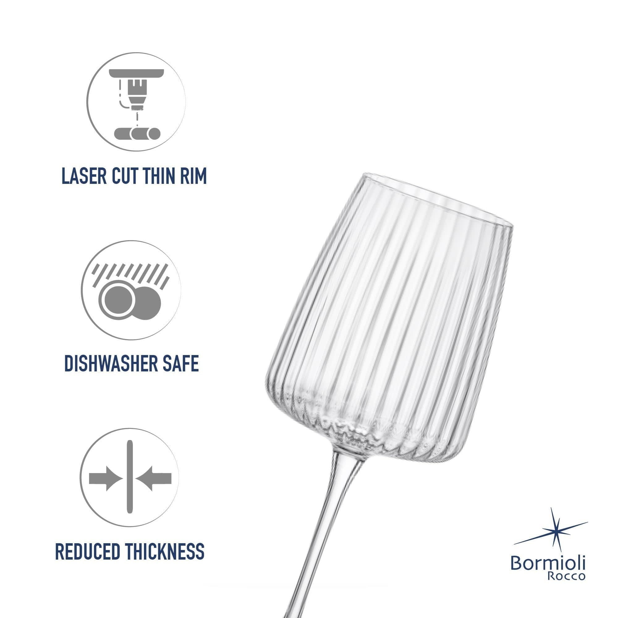 Bormioli Rocco Exclusiva Chardonnay Glasses, Set of 4 - 12.5 Oz. Ribbed Star Glass Stemware with XLT Treatment for Enhanced Durability - Long Stem Italian Wine Glasses - Dishwasher Safe