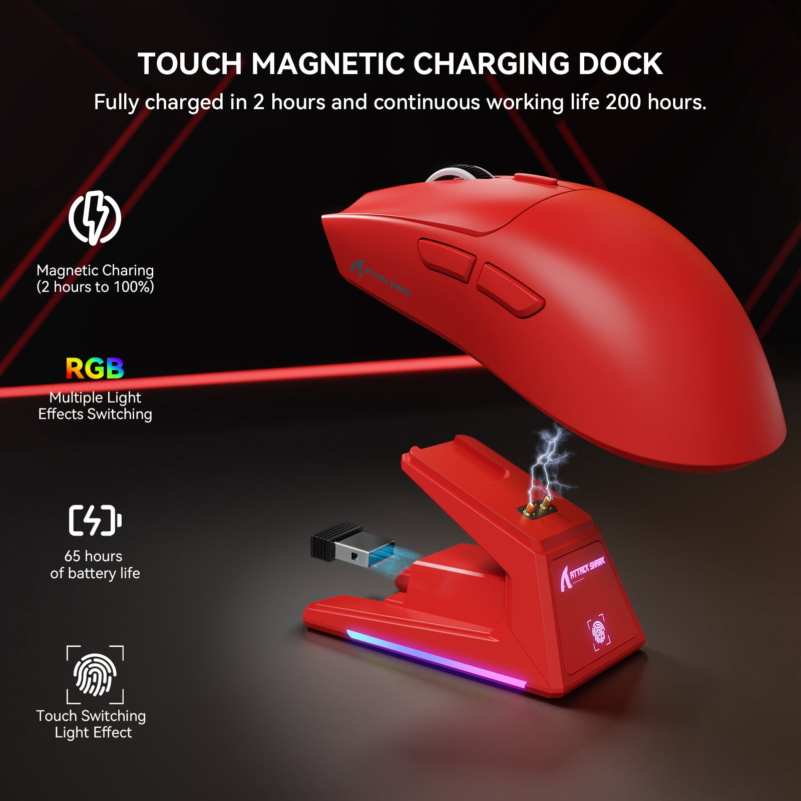 ATTACK SHARK X1 Gaming Mouse with Magnetic Charging Dock, PixArt PAW3395PRO Gaming Sensor, 40000DPI, BT/2.4G Wireless/Wired, 49g SUPERLIGHT Mouse, 100M Optical Microswitches for PC/Xbox/PS/Mac -Red