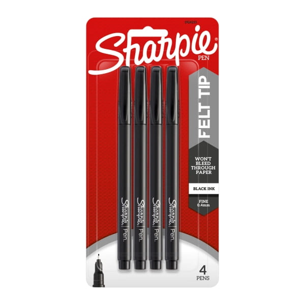 Sharpie® Fine-Point Porous Pens, 0.8 mm, Black Barrel, Black Ink, Pack Of 4
