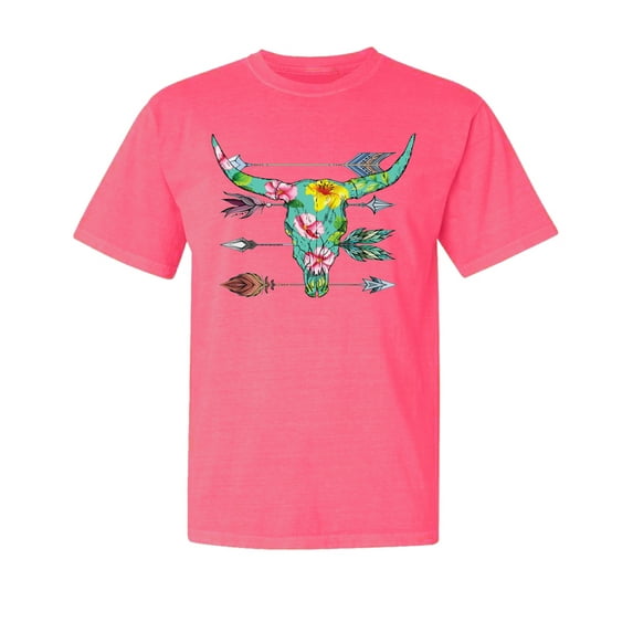 Wild Bobby,Long Horn Cow Skull Floral Mosaic, Streetwear, Garment-Dyed Washed Look Short Sleeve T-Shirt, Neon Pink, Large