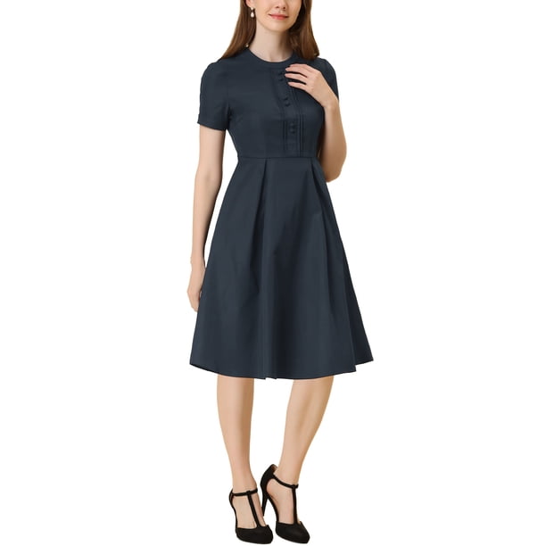 Vestido midi vintage de los años 1950 para mujer, con cuello redondo y mangas cortas, plisado, talla XL, color azul marino