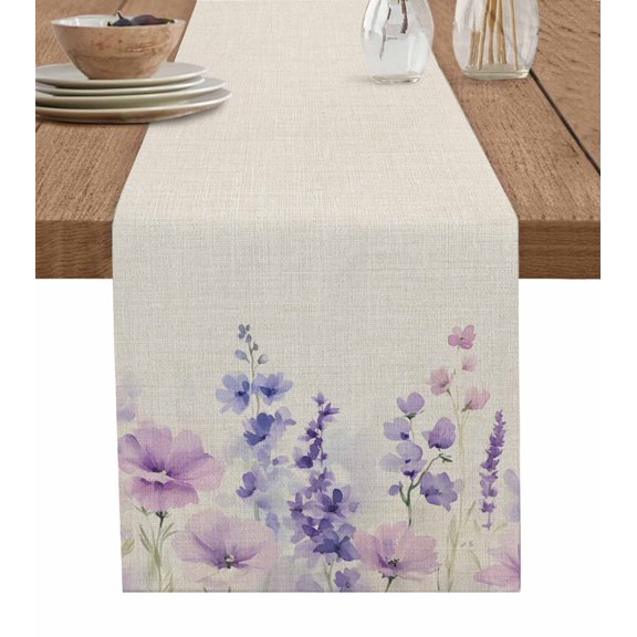 Floral Lavender Table Runner 36 Inches, Spring Wildflower Print Idyllic Spring Bed Runner Dresser Scarves Tabletop for Indoor Outdoor Parties/Ceremony/Banquet, 13"x 36"