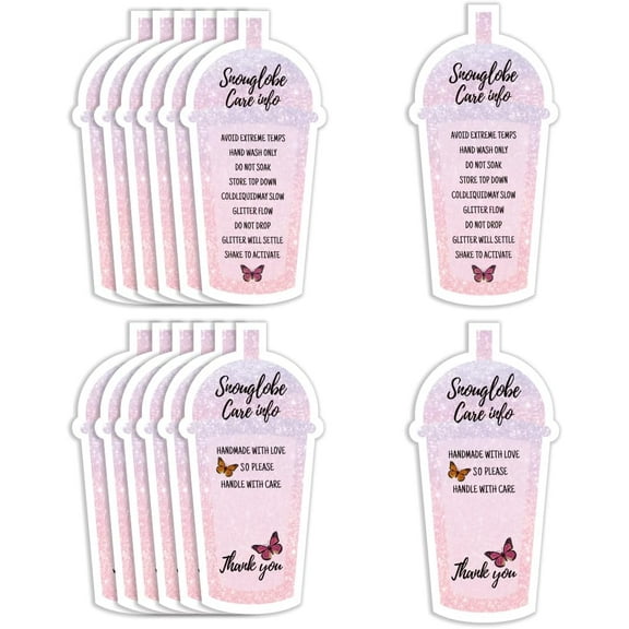 100Pack Tumbler Cup Cards Snowglobe Cup Care Instructions Cards Butterfly Tumbler Care Cards Thank You Cards for Small Business Online Cup ShopPackage Insert Cards Glitter Pink Design