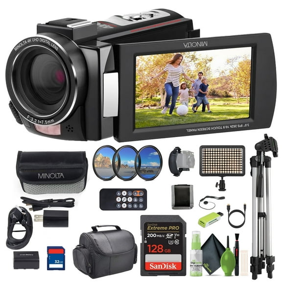 Minolta MN4K25NV 4K Ultra HD 30 Mega Pixels Night Digital Vision Video Camcorder (Black) Bundle With  128GB Memory Card   Camera Tripod   LED light   More Accessories