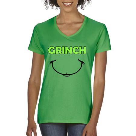 Grinch Green - New Way 605 - Women's V-Neck T-Shirt Grinch Smile Christmas Face