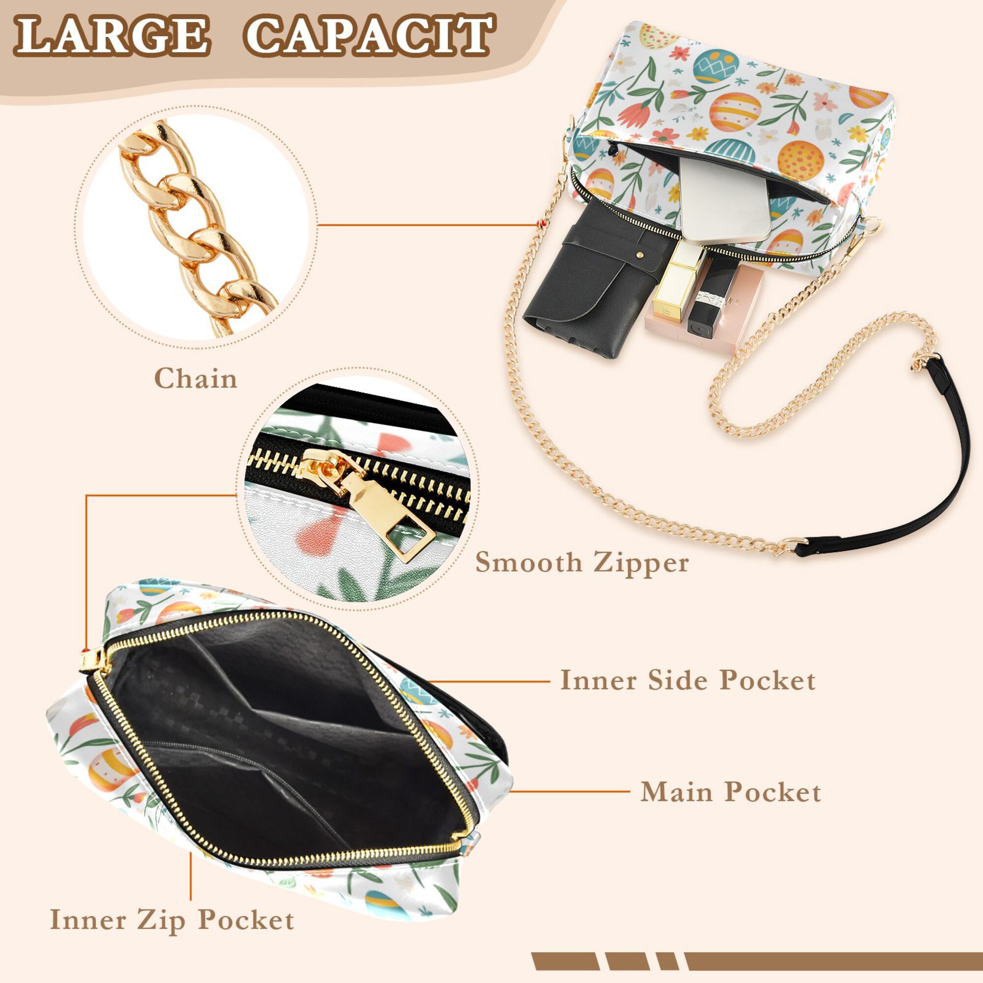 FORMRS Women Crossbody Purse with Chain Strap Vegan Leather Shoulder Handbag, Floral Easter Eggs