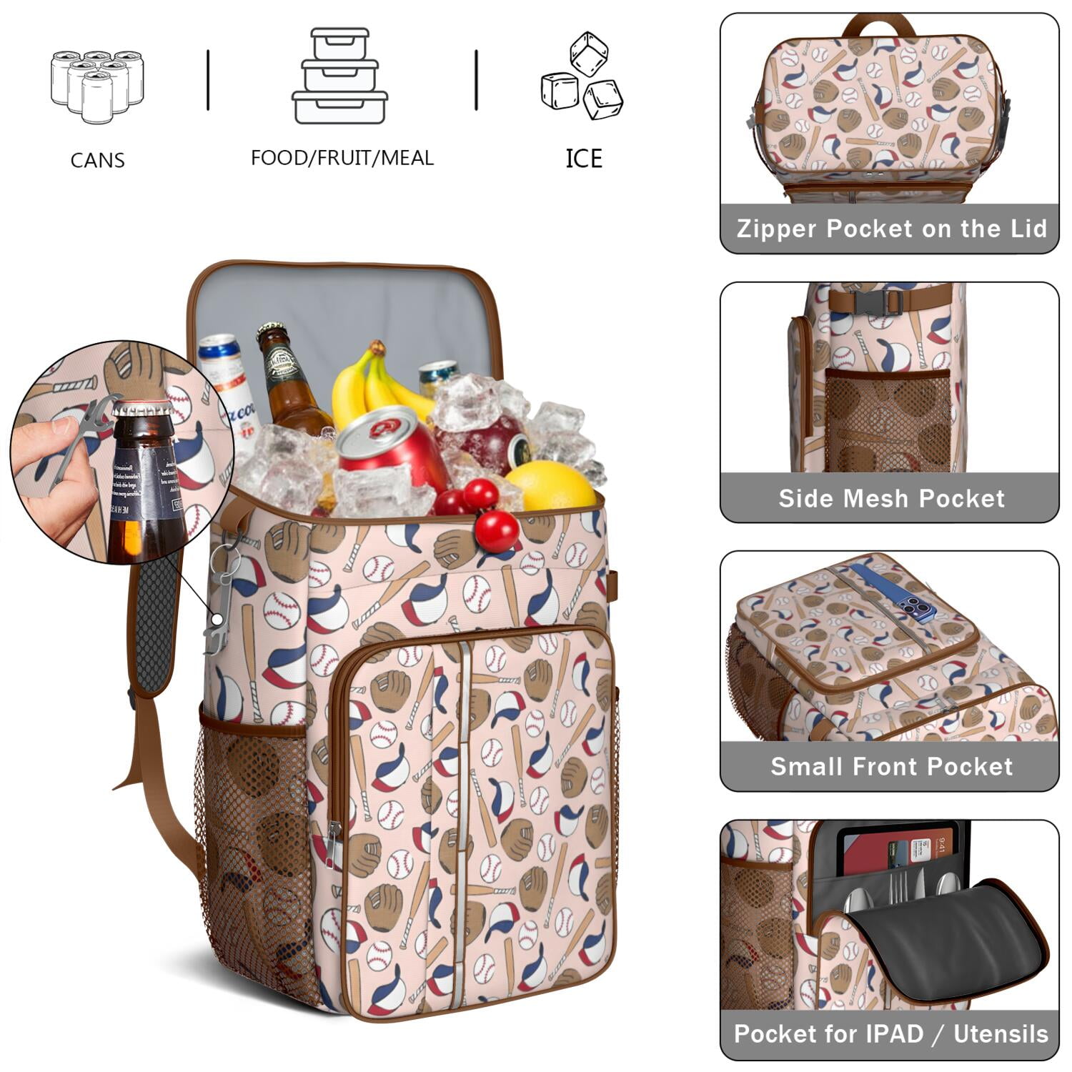Travel Cooler Bag - Pink Baseball Gear Pattern Camping Beer Cooler Backpack with Bottle Opener- Waterproof Insulated Picnic Backpacks - Cooler Bag for Beach