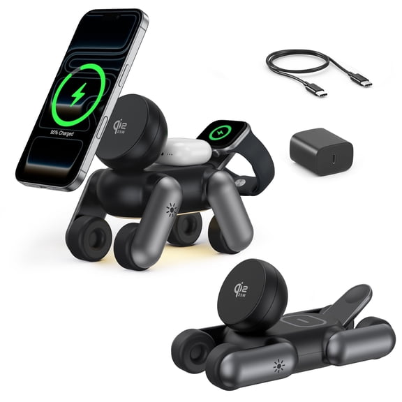Imego 25W Wireless Charger Stand Compatible with IPhone 17/16, 3-in-1 Morphic Canis Mag-Safe For AirPods, Apple Watch & Night Light Black