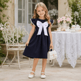 thumbnail image 2 of IPIO Girls Navy Blue Party Dress with Oversized White Bow, Ruffle Flutter Sleeves Flare Formal Dress for Wedding, Birthday, Holiday and Special Occasion, 2 of 8