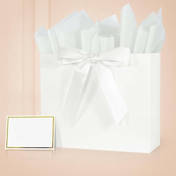 Elegant White Gift Bag with Ribbons Handles, Includes Card and Tissue for Weddings, Birthdays, Parties, Holidays