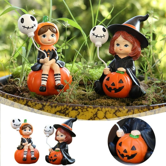 Halloween Resin Witch Set Decor -Statue Ornaments (2 pieces)- Pumpkin Head & Skeleton Witch with Skull Balloons, Hand-Painted Party Figurines for Spooky Home Tabletop Decorations