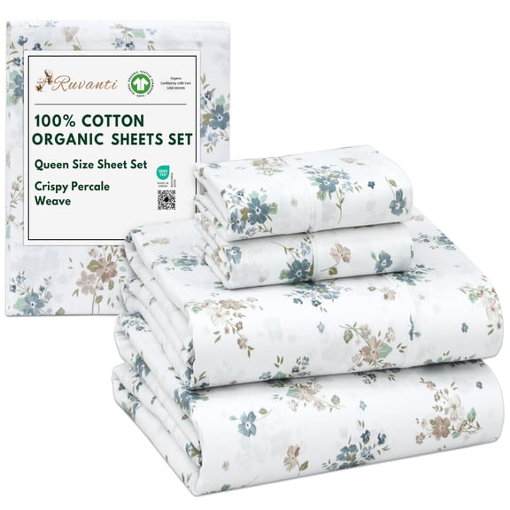 RUVANTI 100% Organic Cotton Sheets - Queen Sheet Set - 4 Piece Percale Weave Bedding, Crisp, Cooling & Breathable, Soft & Durable, 15" Deep Pocket, Hotel Quality Sábanas - Halcyon