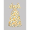 thumbnail image 2 of Multicolor Lemon Print Midi Dress With Puff Sleeves Square Neck Side Tie Waist Flowy Skirt, 2 of 8