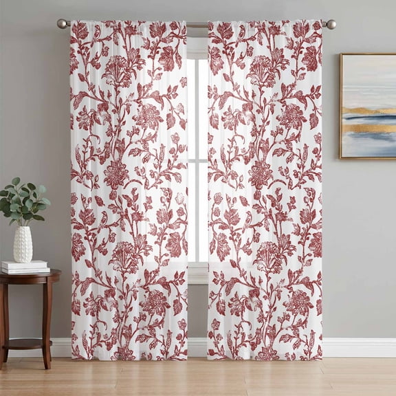 Sheer Curtains 84 Inches Long, Red Boho Flower Light Filtering Window Curtains for Living Room/Bedroom, Vintage Paisley Farmhouse Pattern Rod Pocket Voile Sheer Curtain Drapes, 52"W x 84"L, 2 Panels