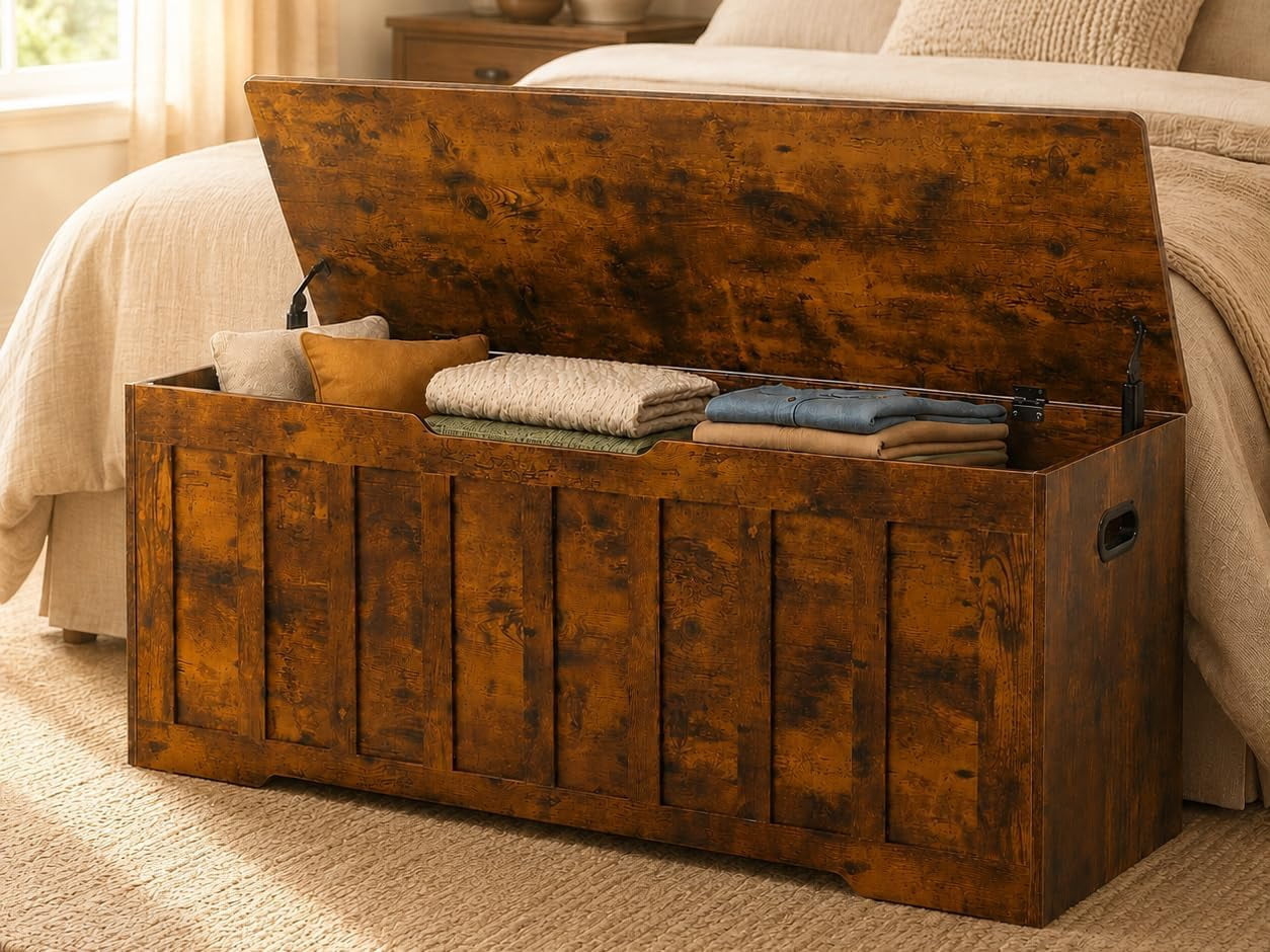 47.2" Storage Chest for Bedroom, Extra Large Wooden Storage Trunk with 2 Safety Hinges, Entryway Storage Bench, Blanket Chest and Storage Bench for Bedroom, Living Room, Hallway