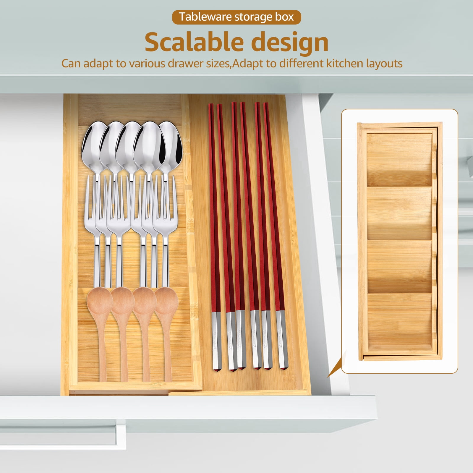 Kitchen Drawer Organizer Expandable Cutlery Tray Silverware Organizer Bamboo Utensil Tray Holder with 5 Compartment Flatware Sorting Tray for Tableware Fork Chopstick