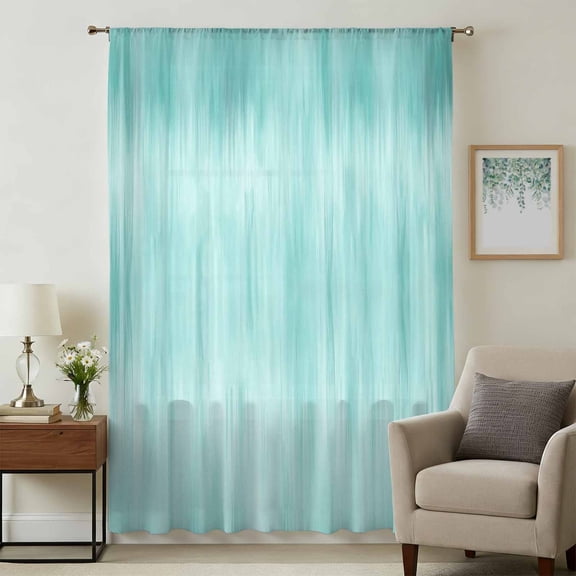 Turquoise Sheer Curtains 45 Inches Long, Modern Abstract Art Ombre Striped Light Filering Curtains, Breathable Simi Curtain Privacy Drapes for Kitchen Bathroom Lightweight Small Window Treatment