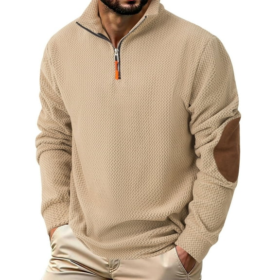 ZCFZJW Mens Quarter Zip Sweater Lightweight Slim Fit Mock Neck Pullover Casual Long Sleeve Textured Knitted Ribbed Athletic Sweaters with Elbow Patches Khaki XXXL