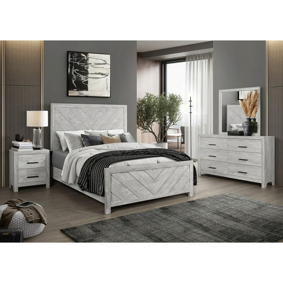Modern Gray Queen 4pc Bedroom Furniture, Wood Construction, With Bed, 6 Chest, Mirror & 2 Nightstand Style , Wood, Contains Dresser, And