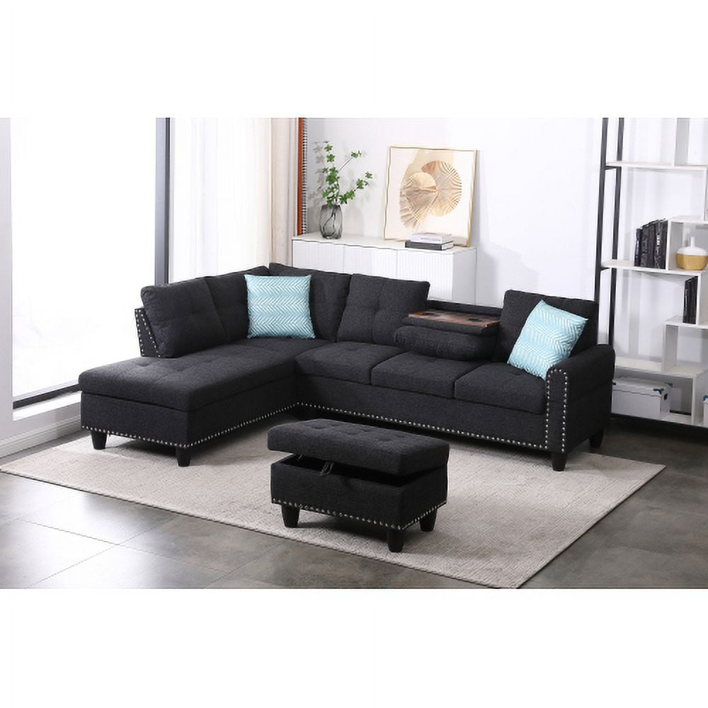 BSHTI Charcoal Gray Linen L-Shaped Sectional Sofa with Reversible Storage Chaise for Living Room, Storage Ottoman & Cup Holders, 3-Seat Contemporary Couch