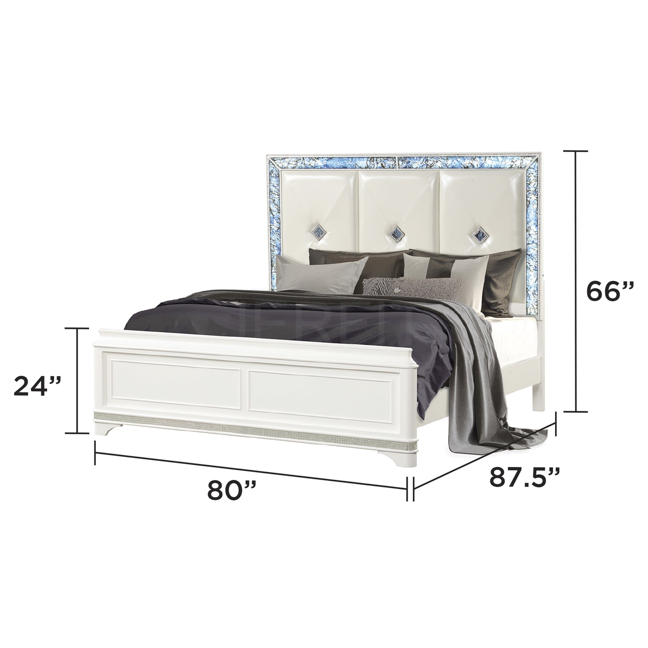 JERFIT White King Size Bed Frame with LED Lights and Upholstered Headboard, Modern Platform Bed with Blue Crystal Marble Accents, Wood Bedroom Furniture