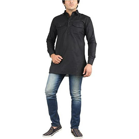 Men's Black Fine Cotton Short Pathani Kurta For Denim's By Royal Kurta