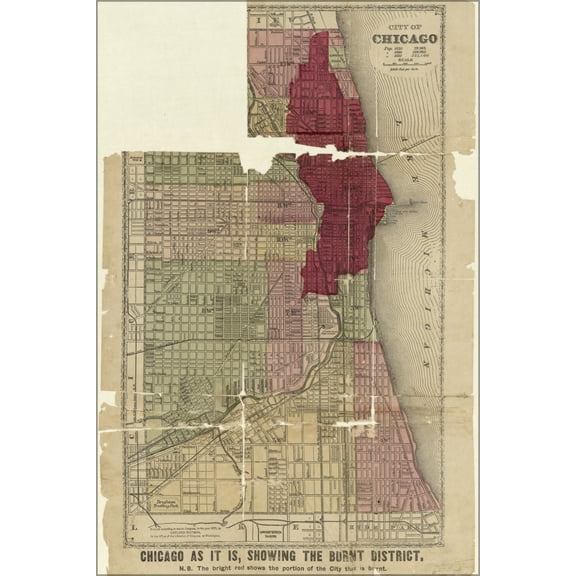24"x36" Gallery Poster, map of Chicago showing burnt district 1871