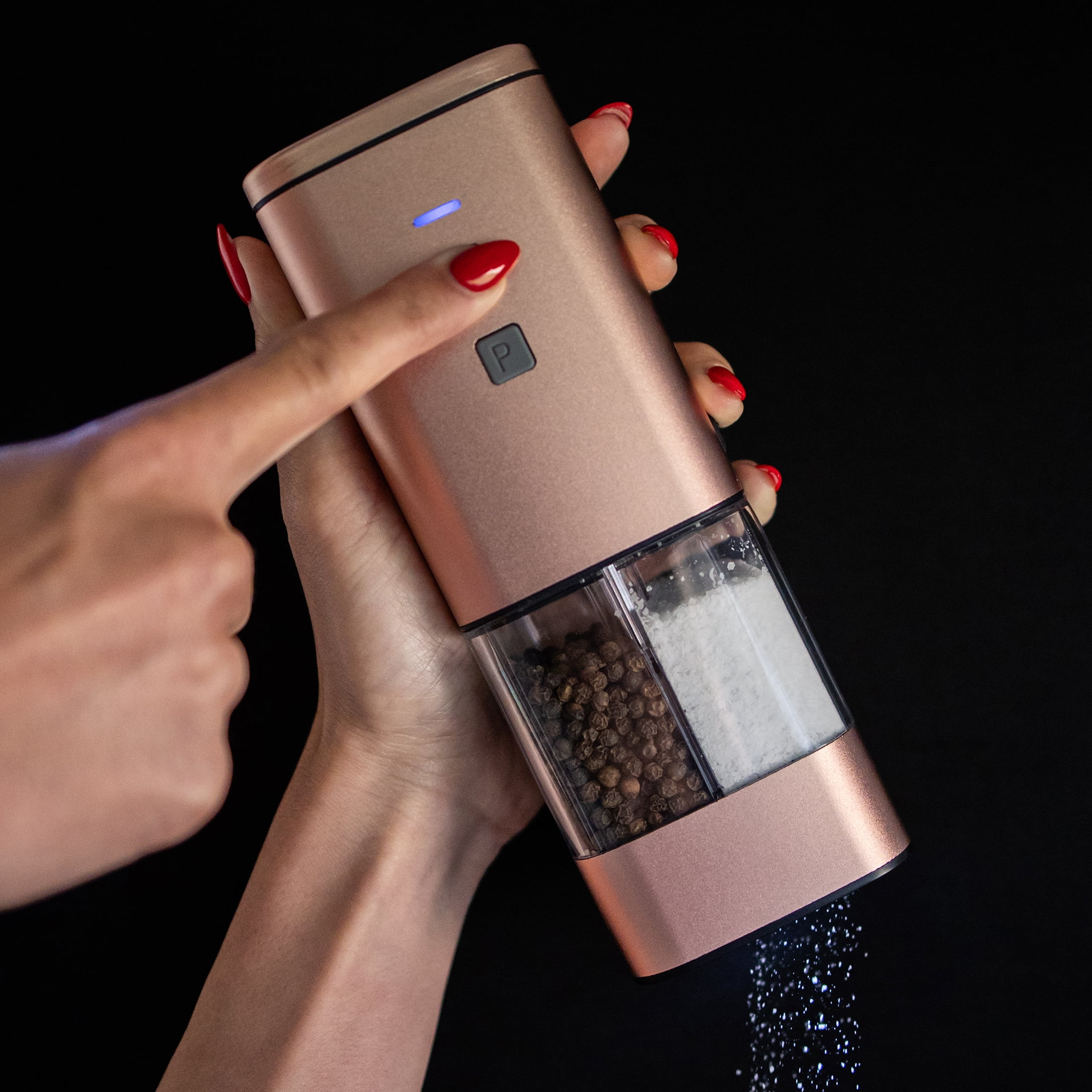 2-in-1 USB Rechargeable Salt and Pepper Grinder – Single Pack Electric Grinder with Adjustable Coarseness, LED Light, and One-Handed Operation – Neutral Color – Peachy Beige