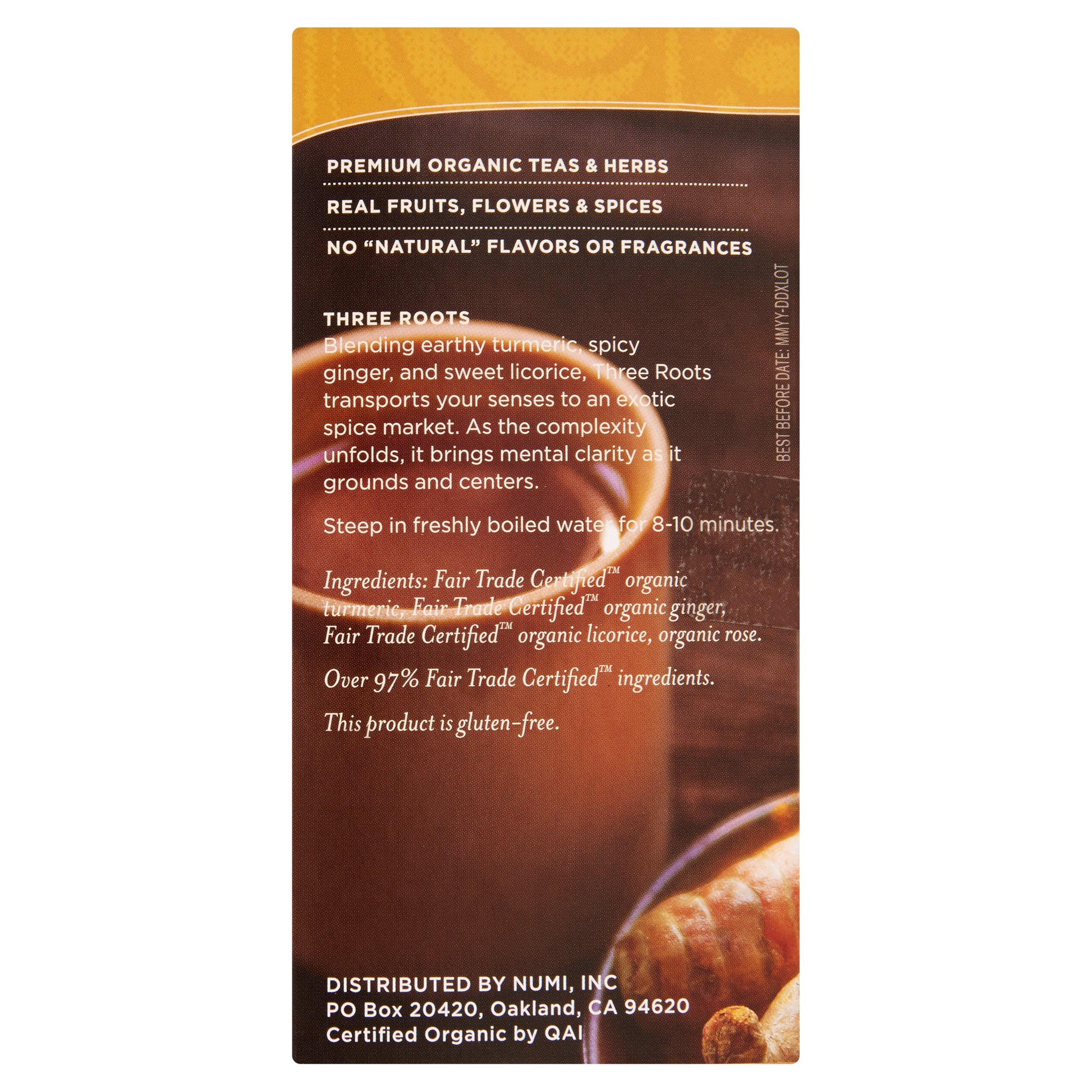 Numi Turmeric Three Roots Organic Tea, 12 counts, 1.42 oz, 6 pack