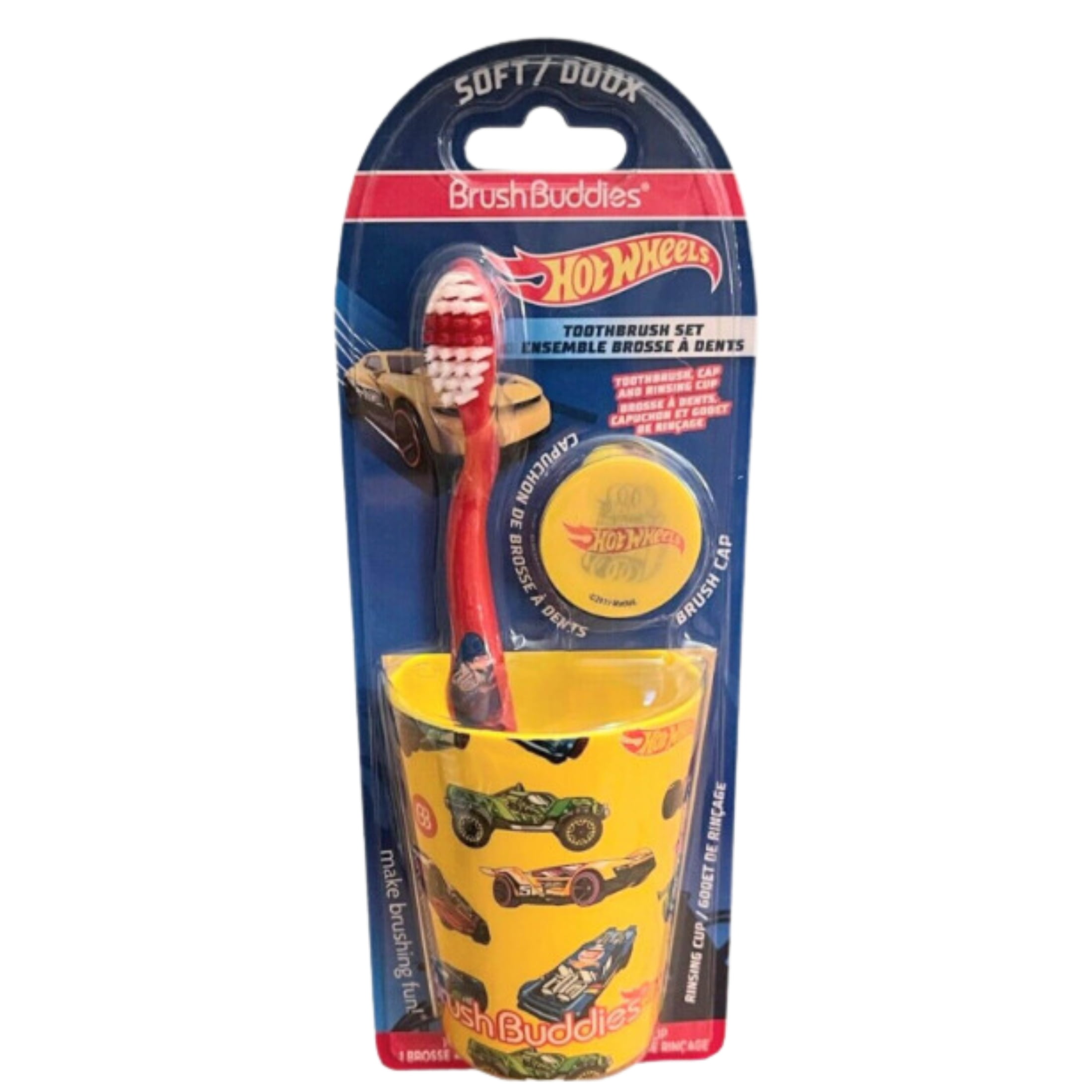 JSC Brush Buddies Hot Wheel Toothbrush Kit with Cup Rinsing Cup Plastic Top Rack Dishwasher Safe