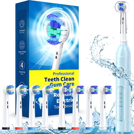 TEETHEORY Rotating Electric Toothbrush for Adults with 8 Brush Heads (2 Types), 4 Modes Deep Clean Electric Toothbrush with Rechargeable Power and 2 Min Smart Timer, Fast Charge (Blue)