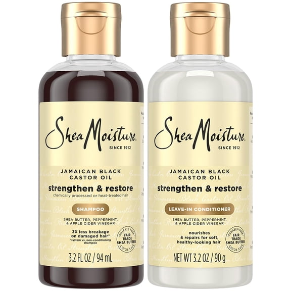 SheaMoisture Travel Essentials, Jamaican Black Castor Oil Strengthen & Restore Shampoo and Leave-In Conditioner Set, 3.2 Oz Ea