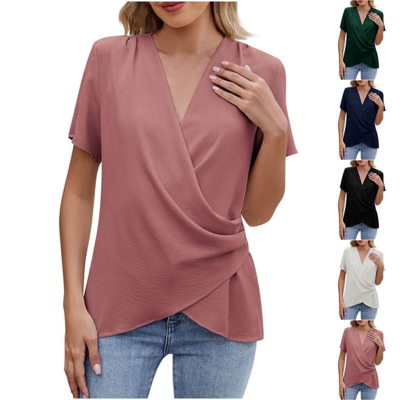 YHAJDS Womens Basic T Shirts Pleated Tunic Tops V Neck Solid Color Short Sleeve Casual Blouse