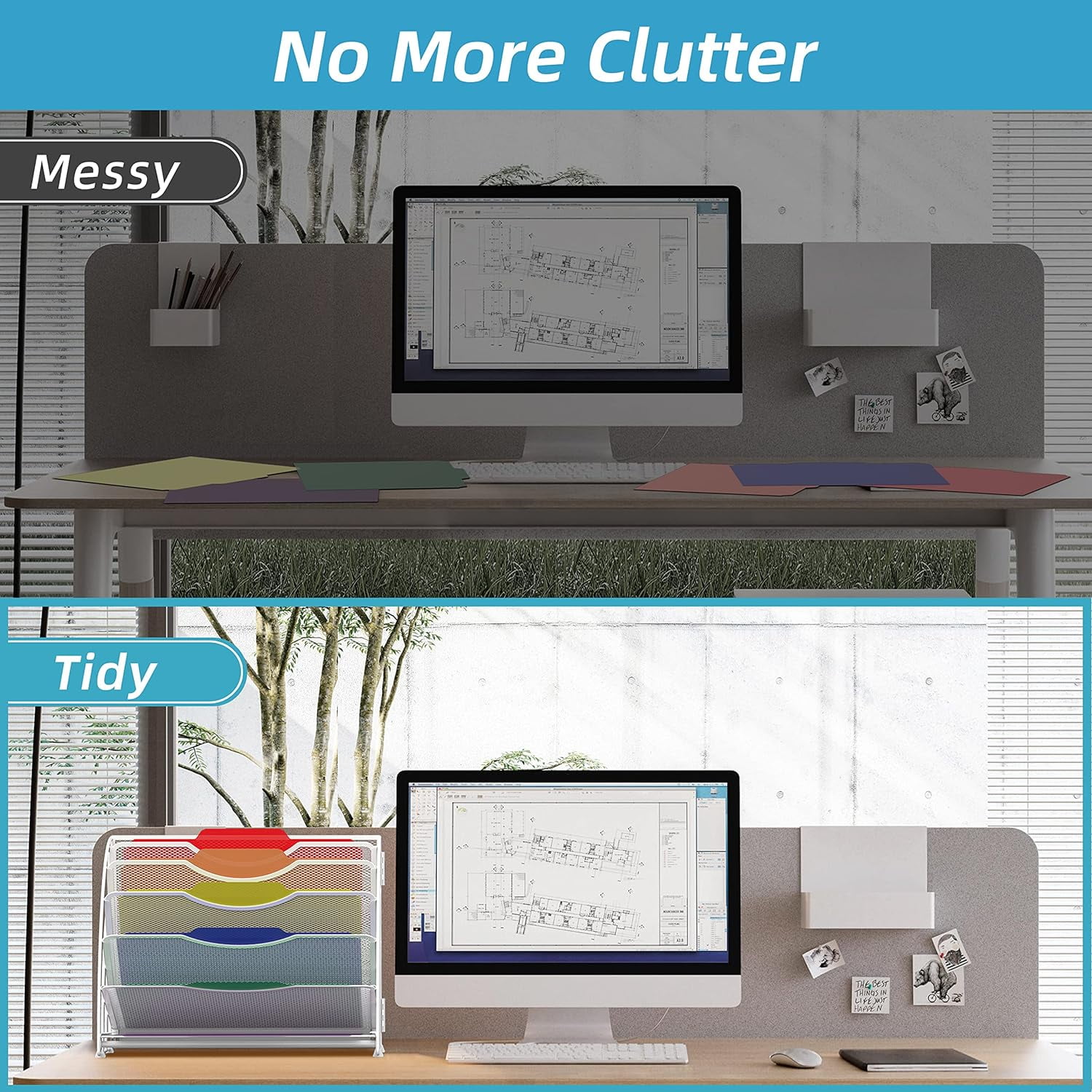 INTIGE Fan Shaped Desk File Organizer, 6 Compartments, Desktop Accessories for Workspace,White