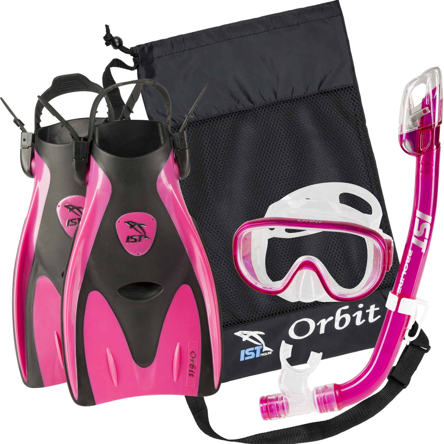 Dry Top Snorkel and Bag Fins Mask IST Orbit Premium Snorkel Set 