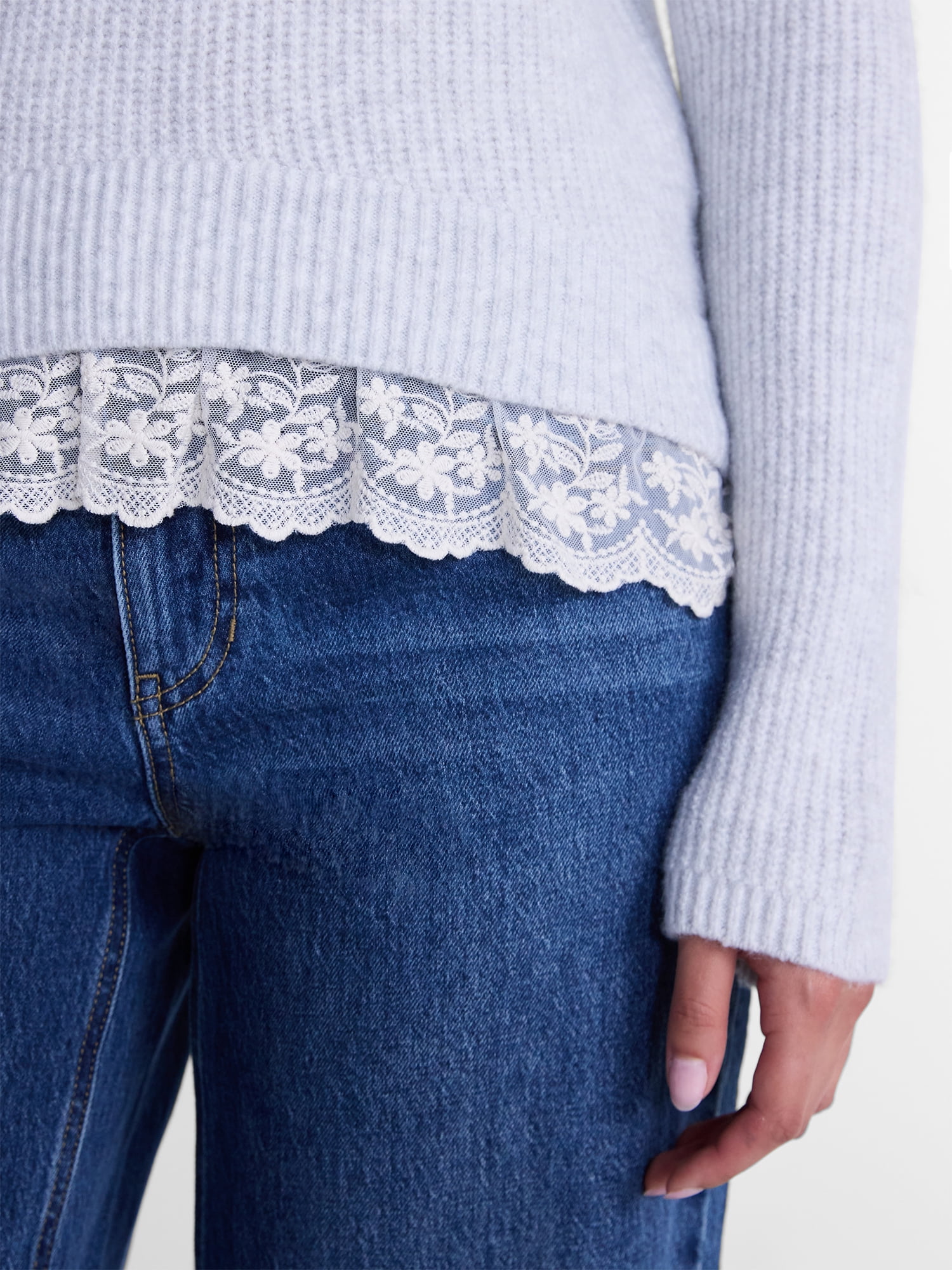 No Boundaries V-Neck Pullover Sweater with Lace Trim, Women's, Sizes XS-XXXL