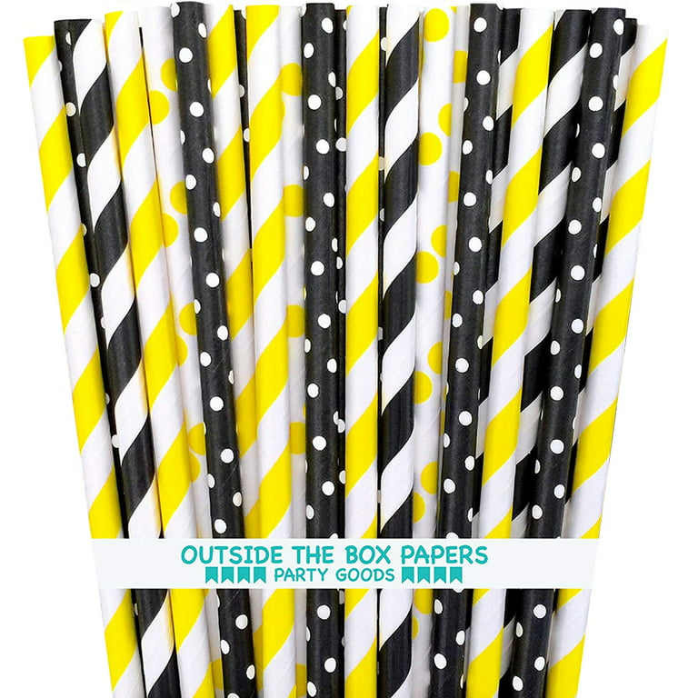 Outside The Box Papers Bee Theme Striped and Polka Dot Paper Straws 7.75 Inches 100 Pack Black, Yellow, White