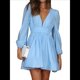 thumbnail image 2 of Vestido Mini de Larga con Escote en V Profundo para Mujer, Corte A, Cintura Alta, Informal, Fluido, Ideal para Invitadas de Boda. Azul L, 2 of 10
