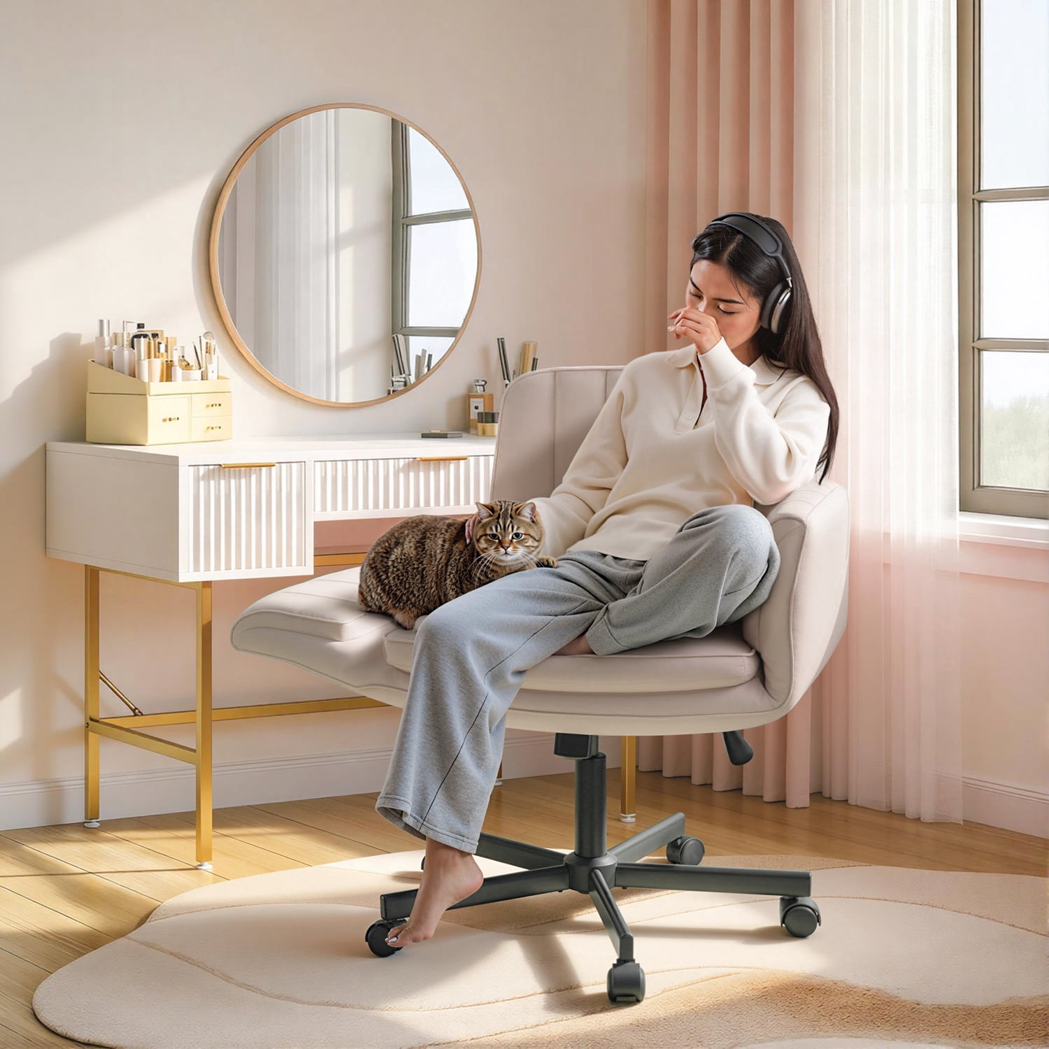 Waleaf Criss Cross Chair with Wheels & Armrests, Criss Cross Office Swivel Chair, PU Leather Vanity Chair with Back, Beige Comfortable Adjustable Vanity Desk Chairs for Home Office and Bedroom