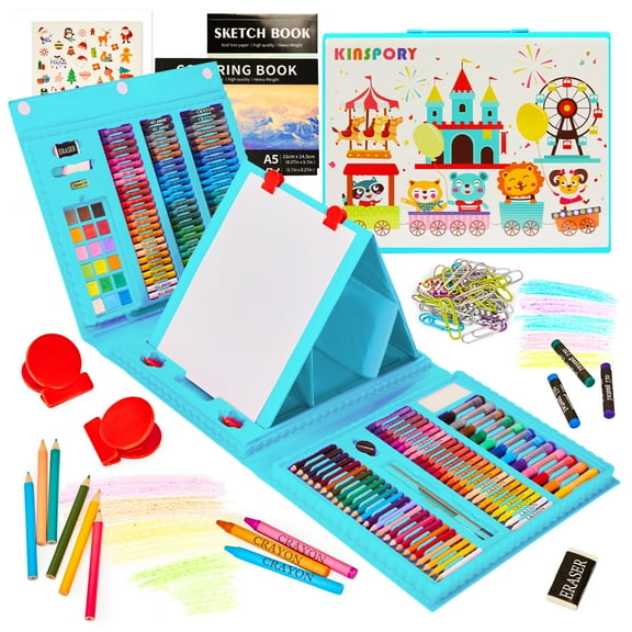 KINSPORY 290 Pack Drawing Set, Double-Side Trifold Art Easel, Gift for Beginners Artists Kids(Blue)