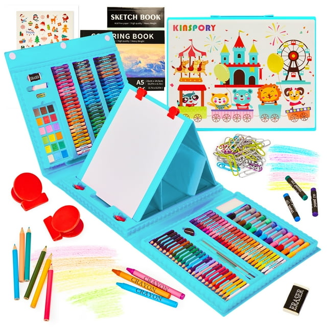 KINSPORY 290 Pack Drawing Set, Double-Side Trifold Art Easel, Gift for Beginners Artists Kids(Blue)