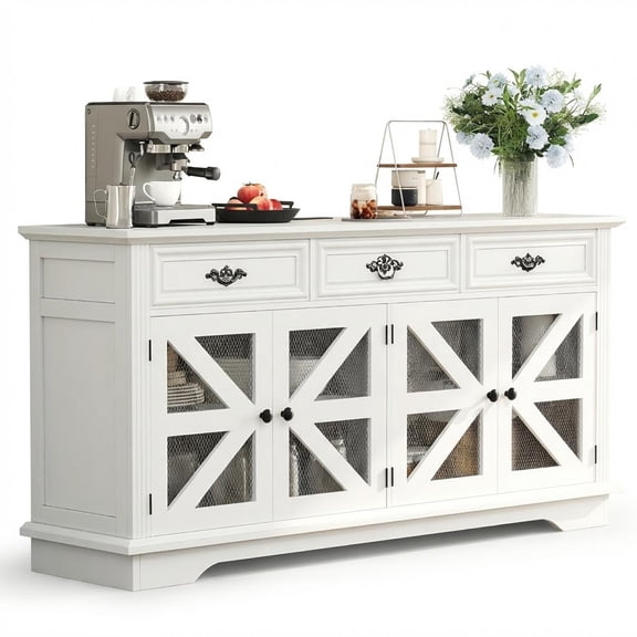 63" White Modern Farmhouse Buffet Cabinet - Sideboard with 3 Drawers, 4 Mesh Barn Doors, Adjustable Shelves & Charging Station for Living Room